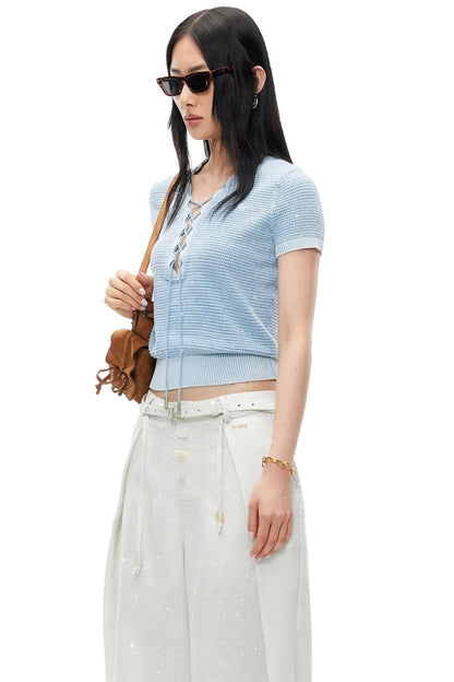 Vintage Openwork Knit V-Neck Tie-Up T-Shirt