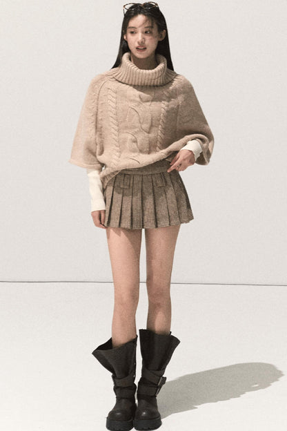 Moon Wool Twist Knit Cape Sweater Set-Up