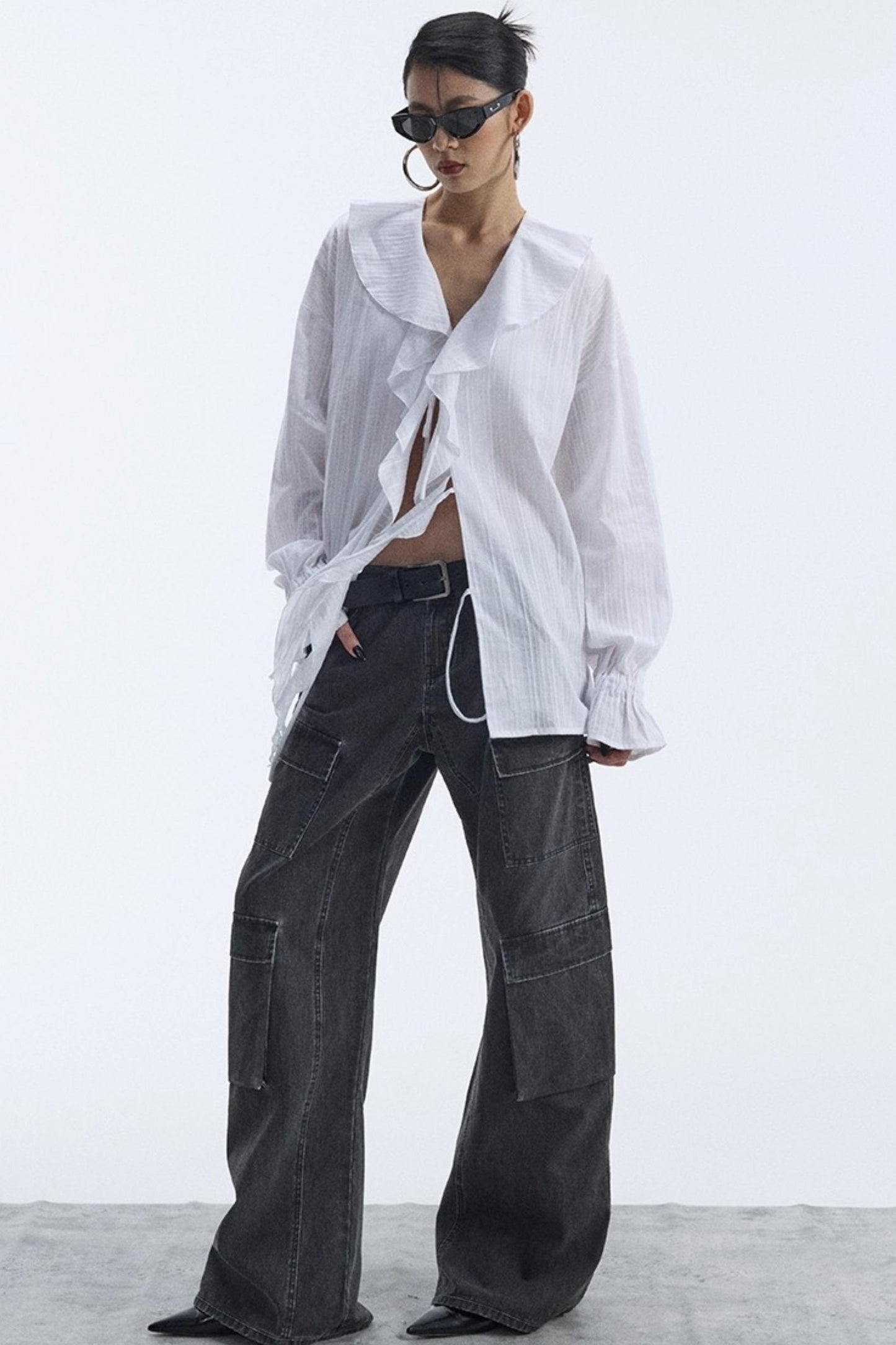 Winter White Ruffled V-Neck Shirt