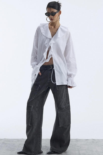 Winter White Ruffled V-Neck Shirt