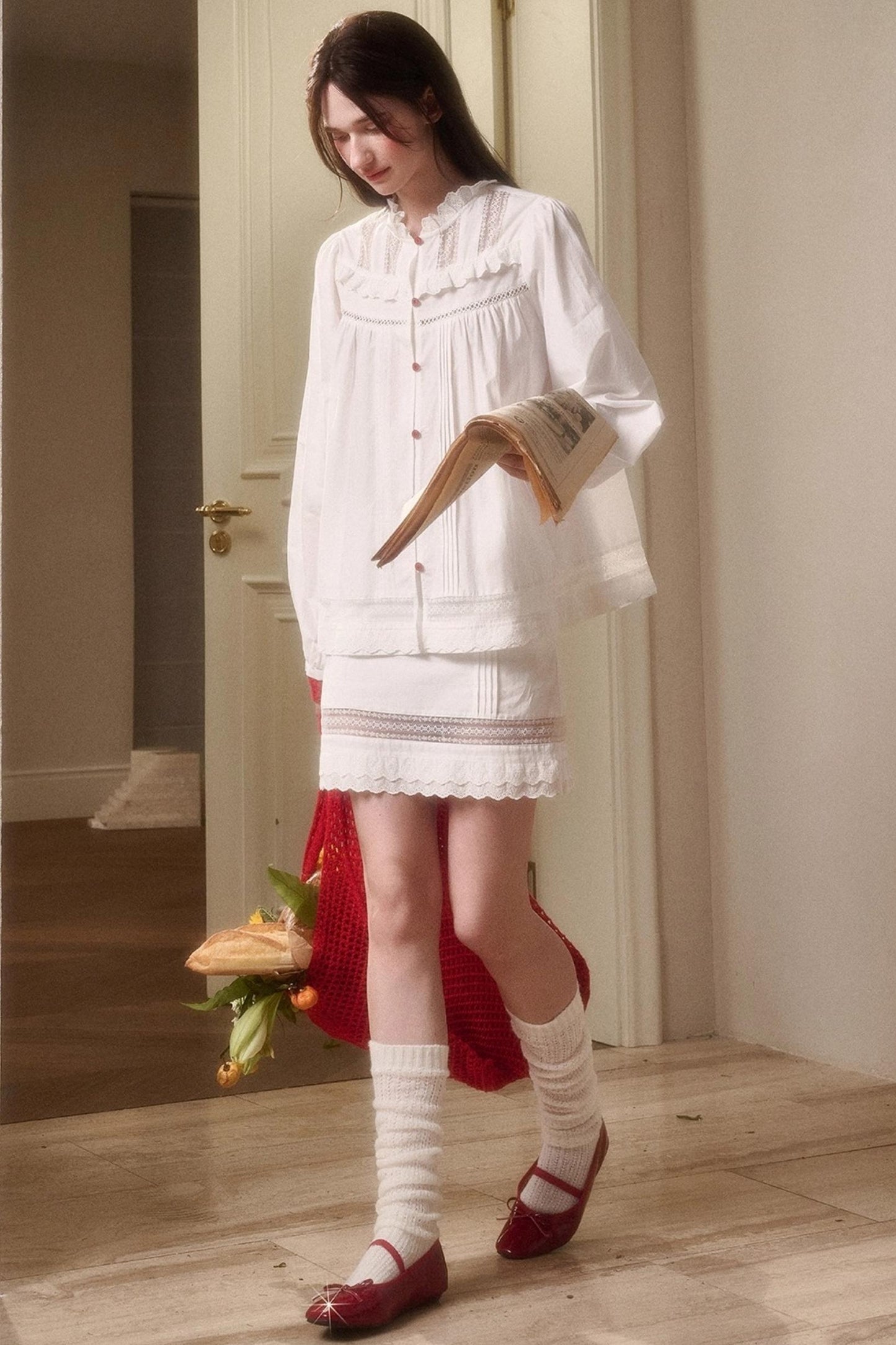 Cotton Lace Shirt With Skirt Set-Up