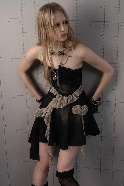 Vintage Black Lace Denim Dress