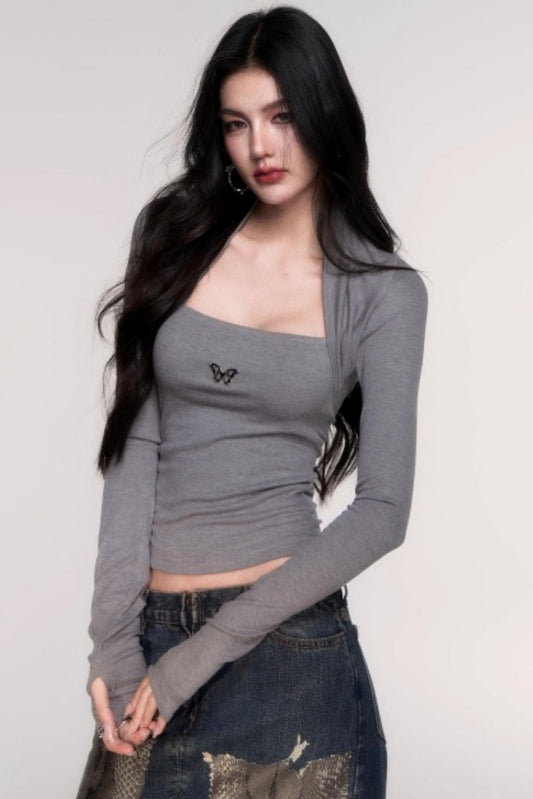 Fake Two Sleeve Slim Knit Top