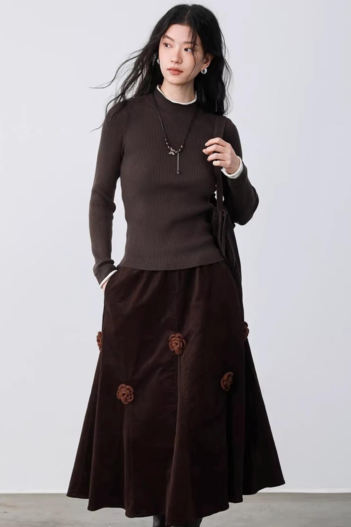 Three-Dimensional Floral Corduroy Skirt