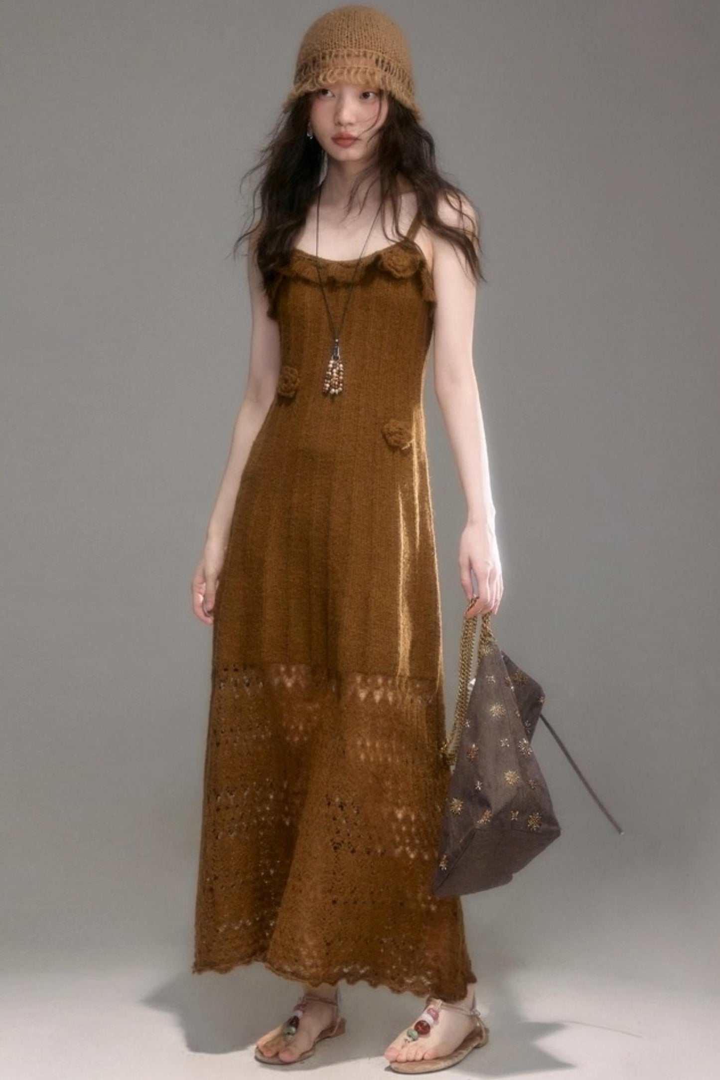 Crochet Knit Camisole Dress Cardigan Set-Up