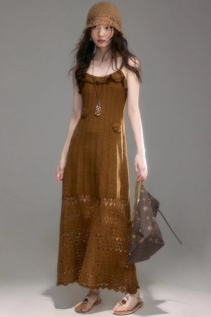 Crochet Knit Camisole Dress Cardigan Set-Up