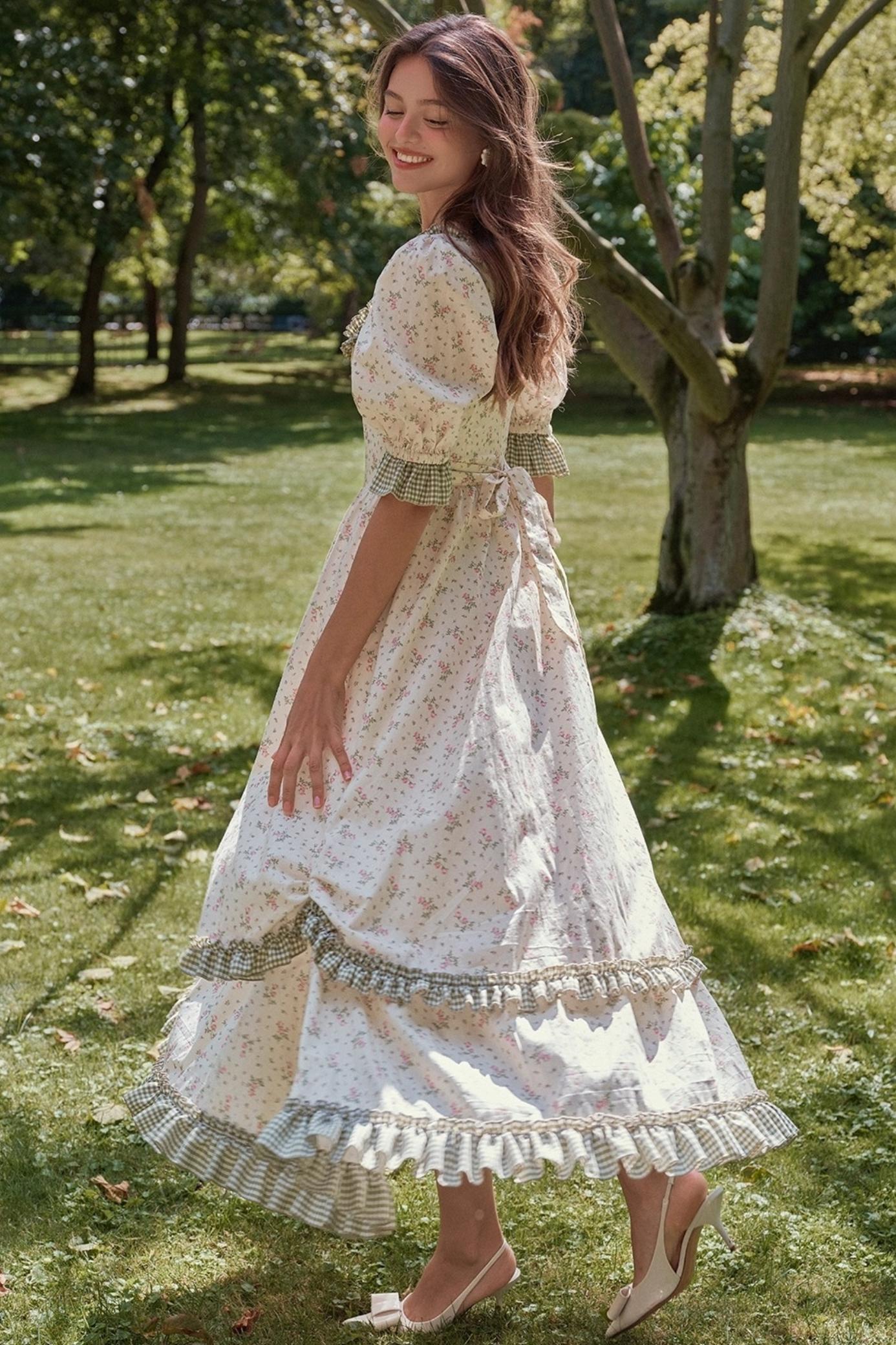 French Pastoral Style Floral Waist Dress