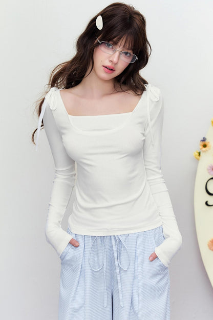 Korean Slim Tie Shoulder Top