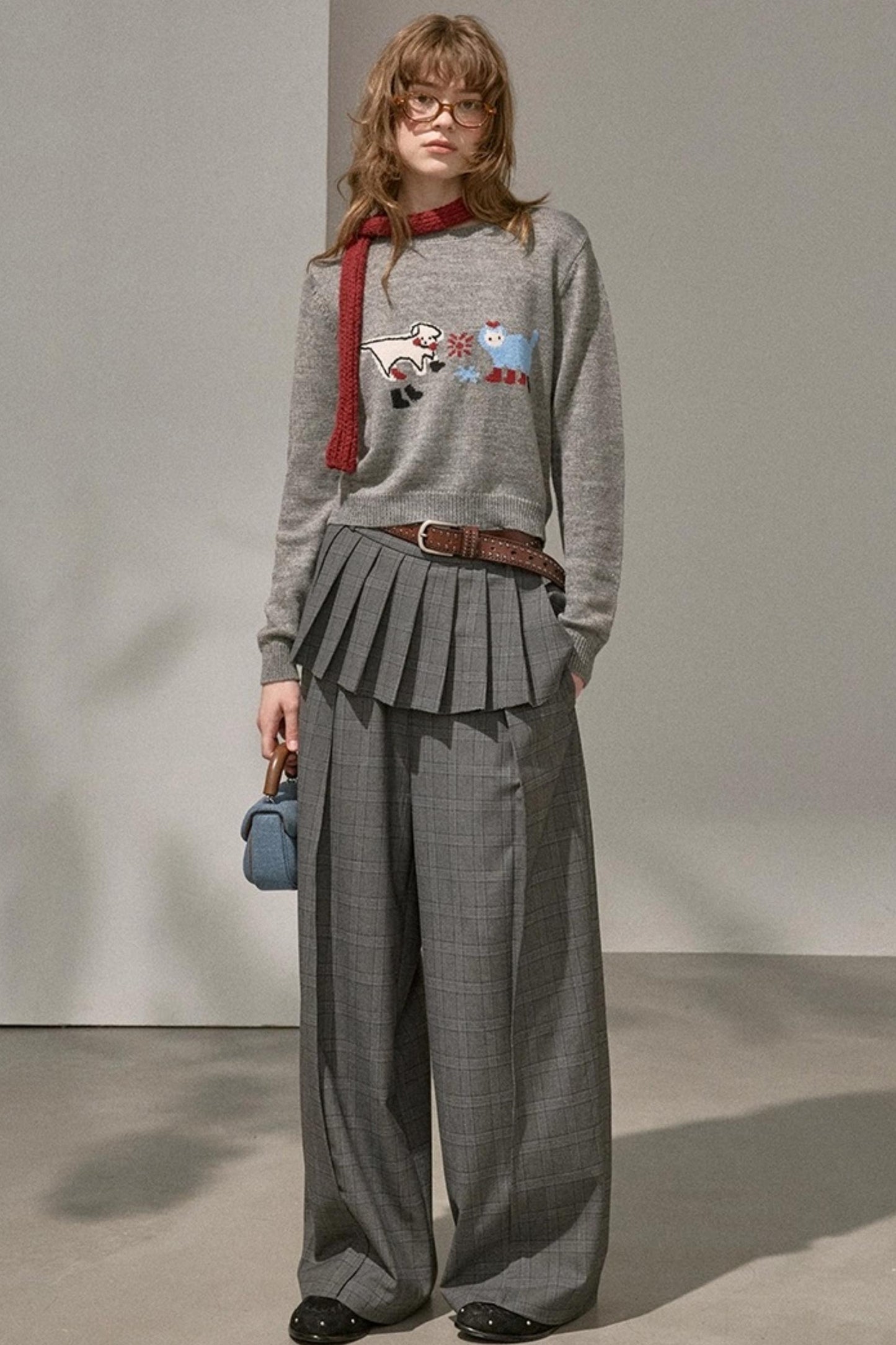 Kitten And Puppy Embroidered Wool Blend Knit Sweater