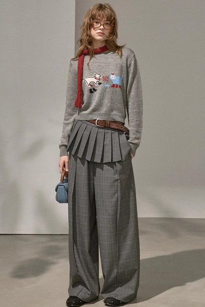 Kitten And Puppy Embroidered Wool Blend Knit Sweater