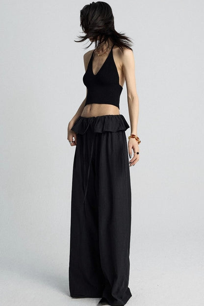 White Lace Drawstring Wide-Leg Pants