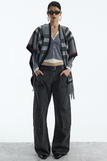 Wool Blend Plaid Cape Cardigan