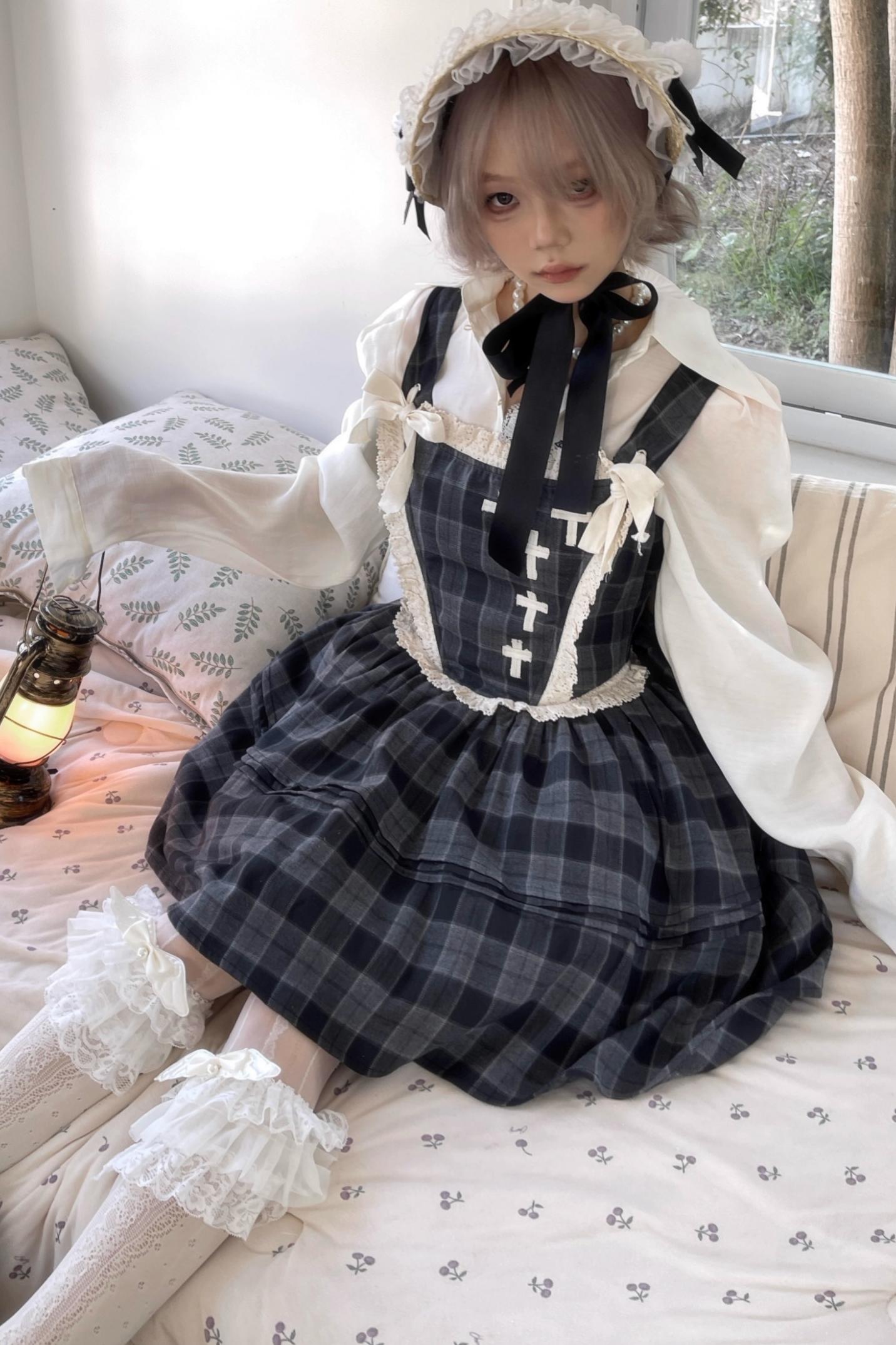 Gray Plaid Waist Cinched Herringbone Lace Bow Tie Dress Set-Up