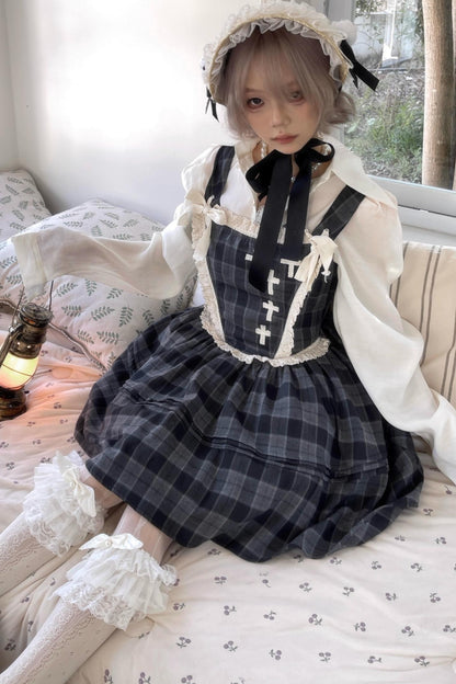 Gray Plaid Waist Cinched Herringbone Lace Bow Tie Dress Set-Up