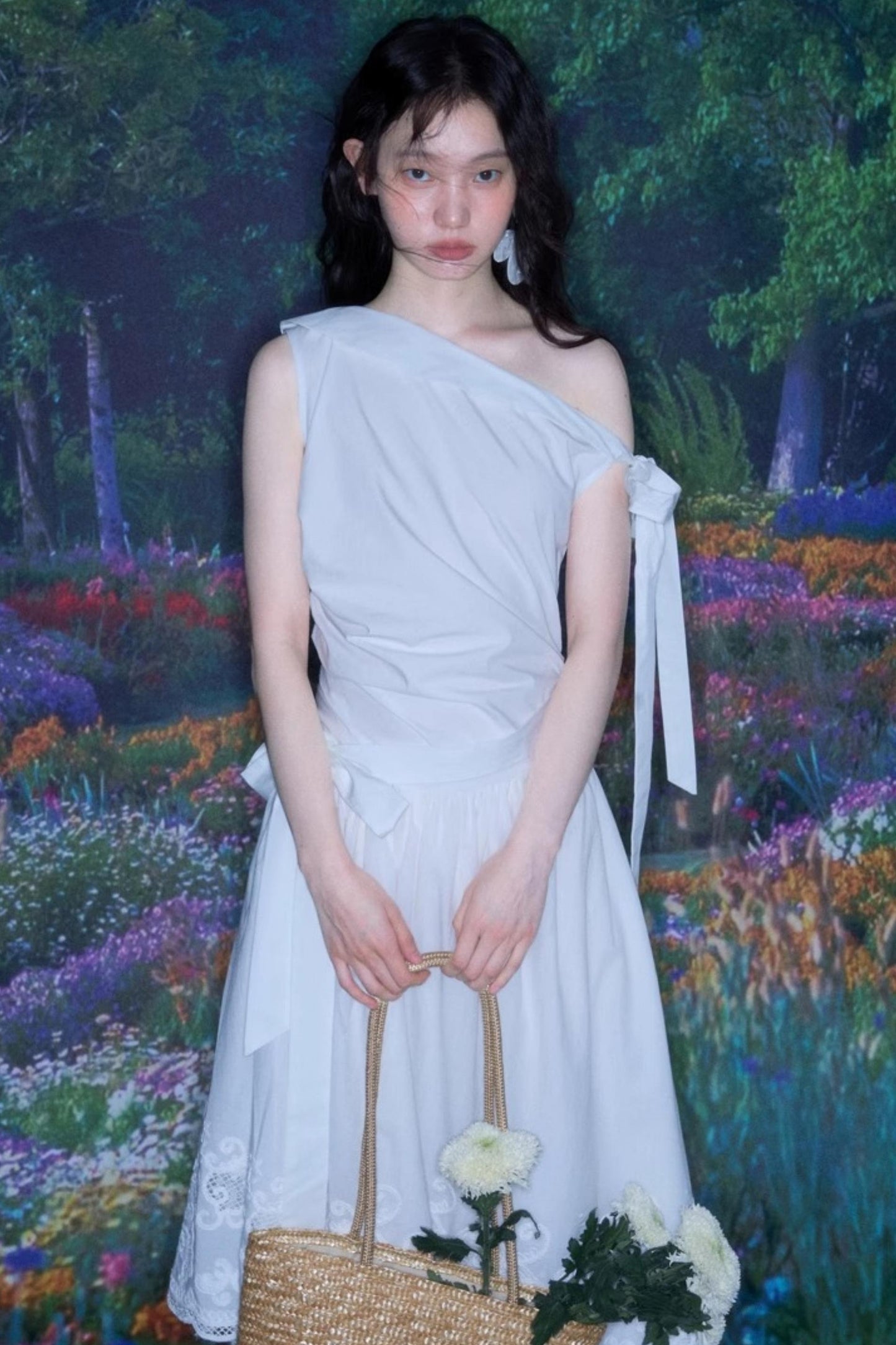 Slant Shoulder Tencel Cotton Dress