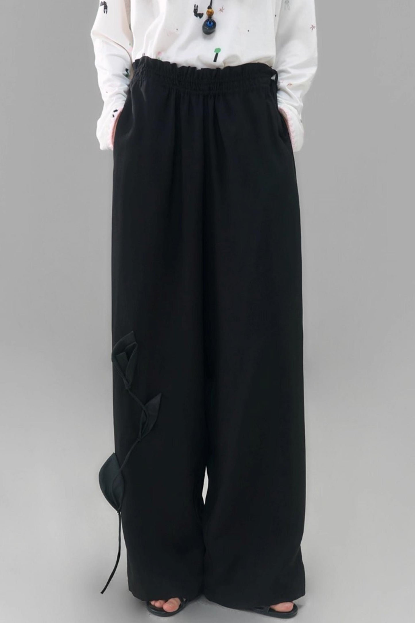 Three-Dimensional Calla Lily Linen Blend Wide-Leg Pants