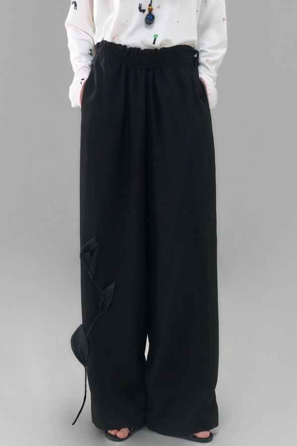 Three-Dimensional Calla Lily Linen Blend Wide-Leg Pants