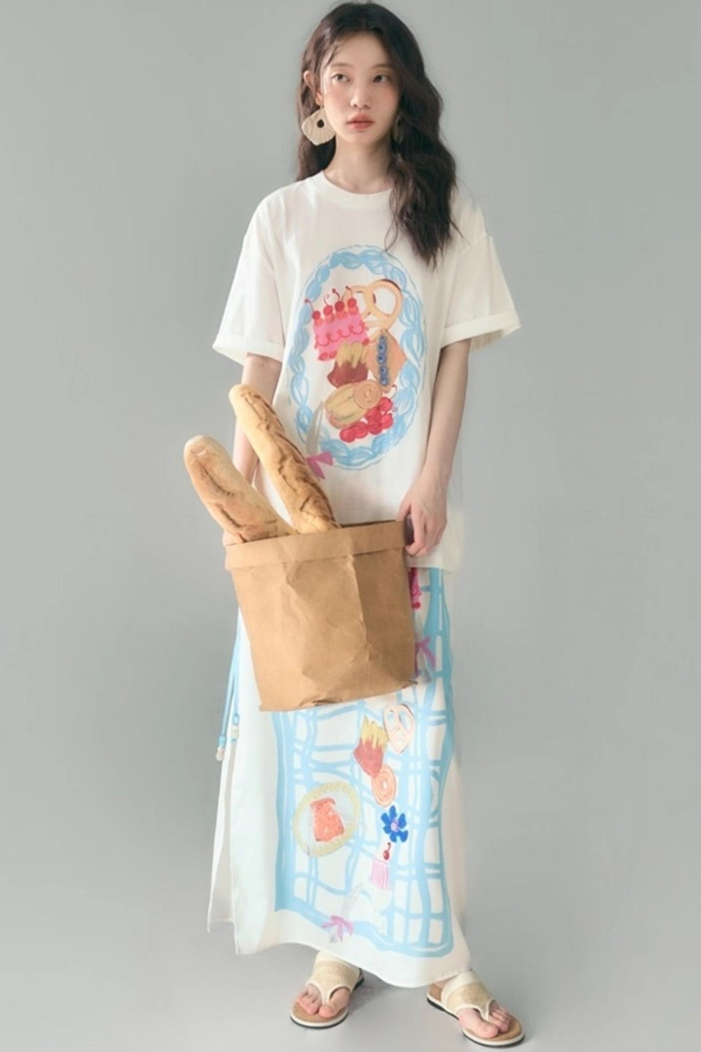 Bread Print Plaid Satin Slip Dress Set-Up