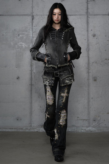 Distressed Denim Slim Fit Hooded Coat