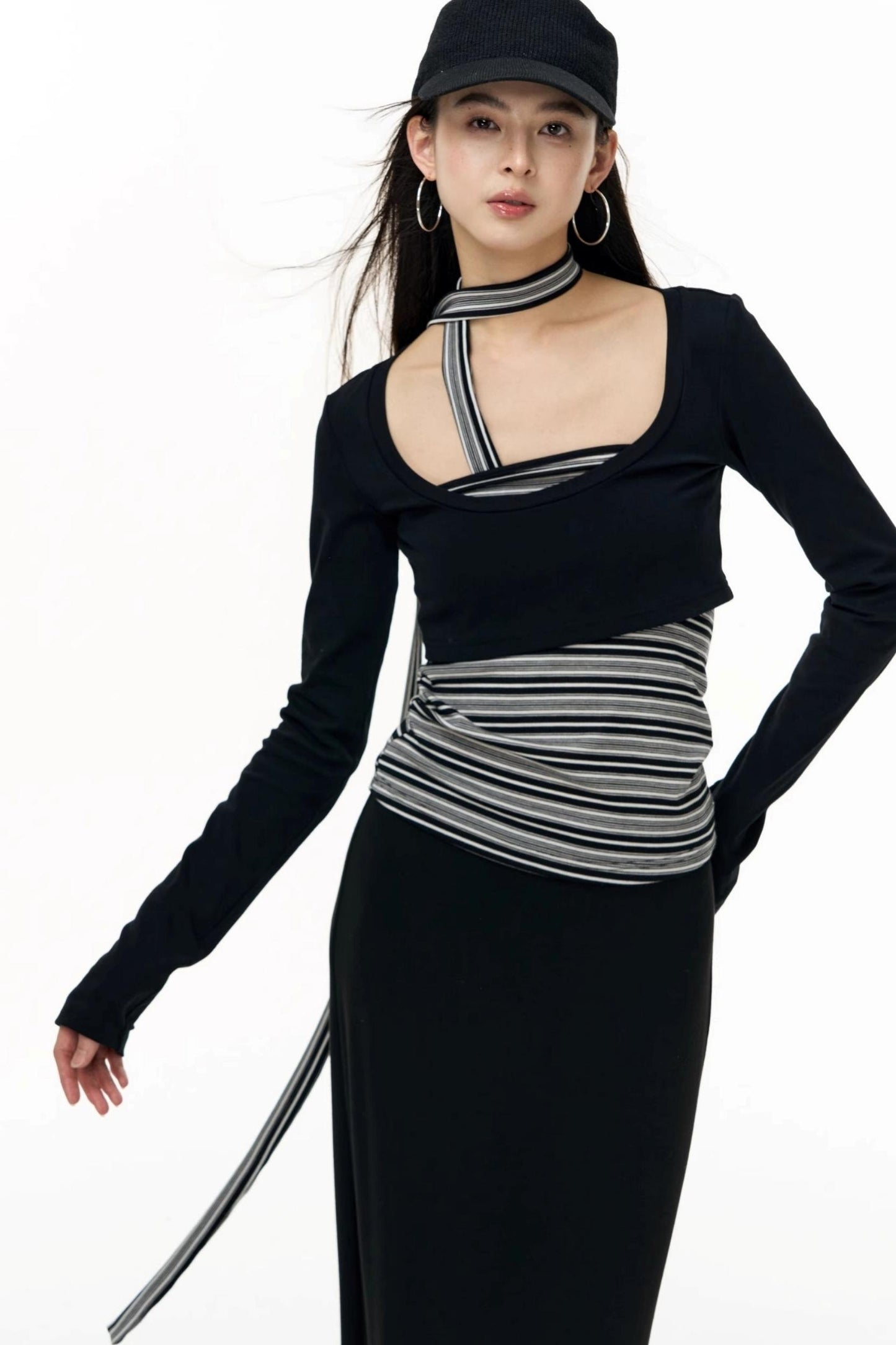 Contrast Long-Sleeved Top With Bandeau Set