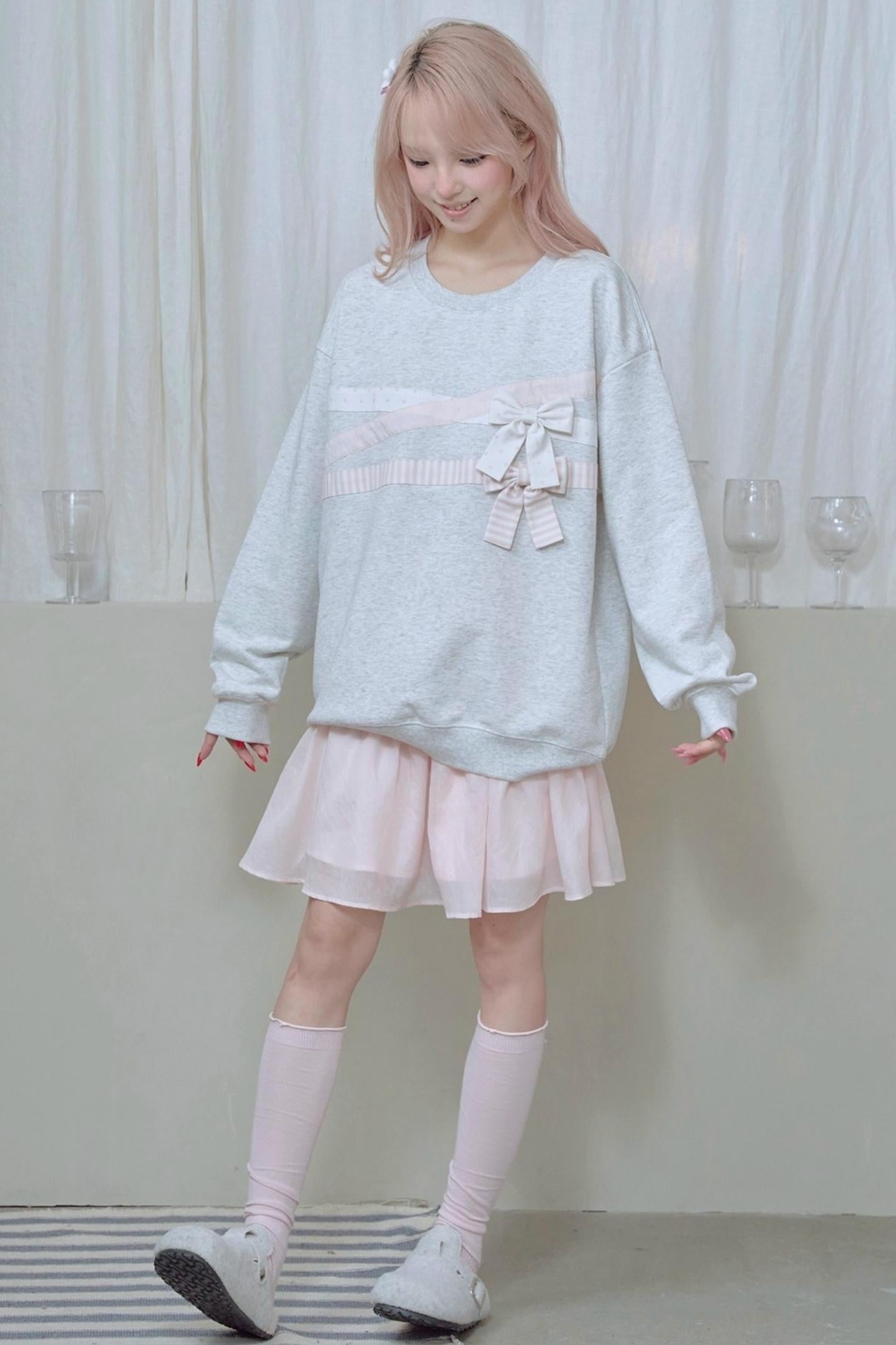 Cotton Bow Patchwork Sweatshirt