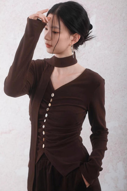 Caramel Coffee Shell Buckle Streamer Top