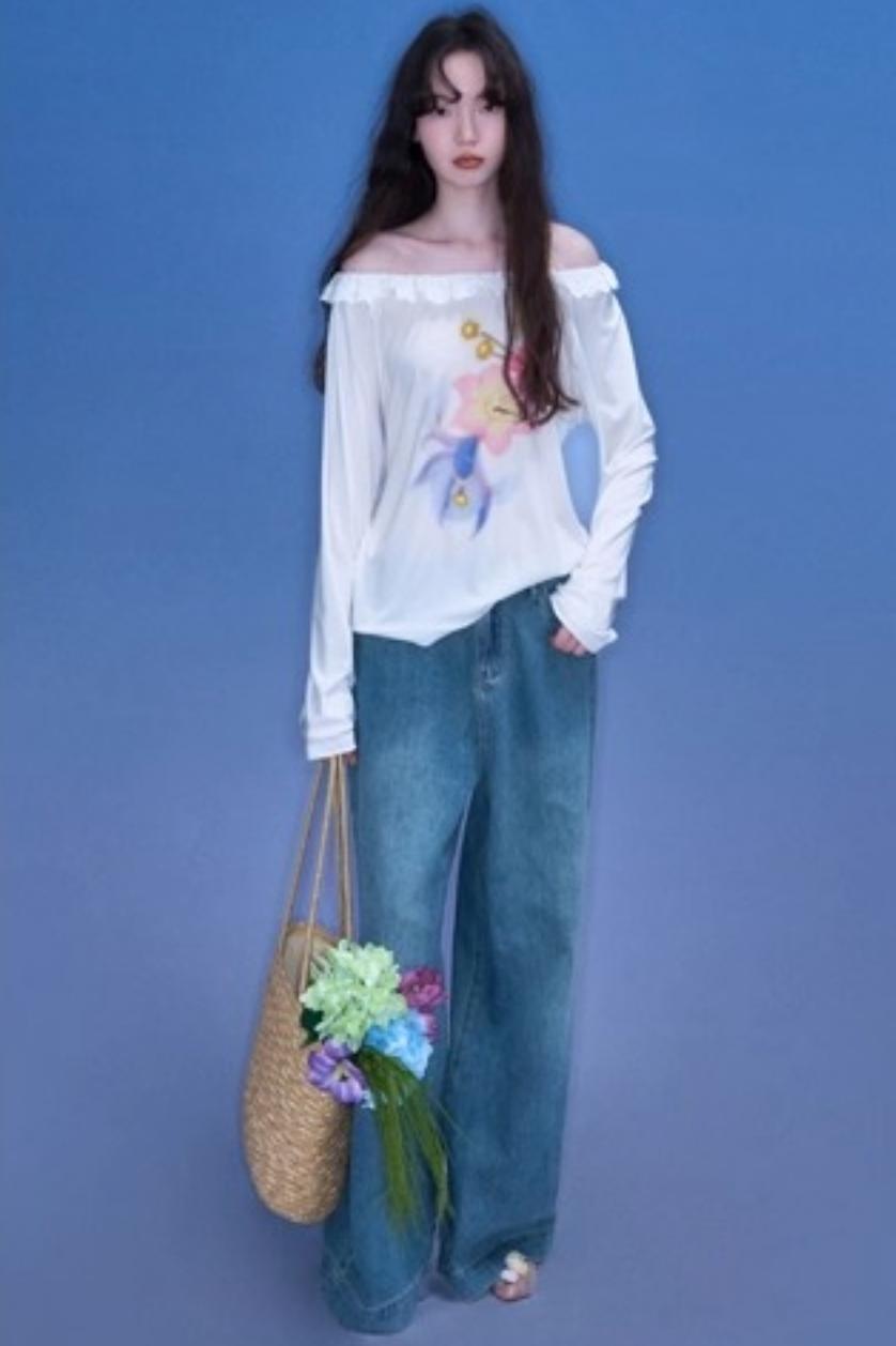 Slanted Shoulder Long-Sleeved Tencel Tee