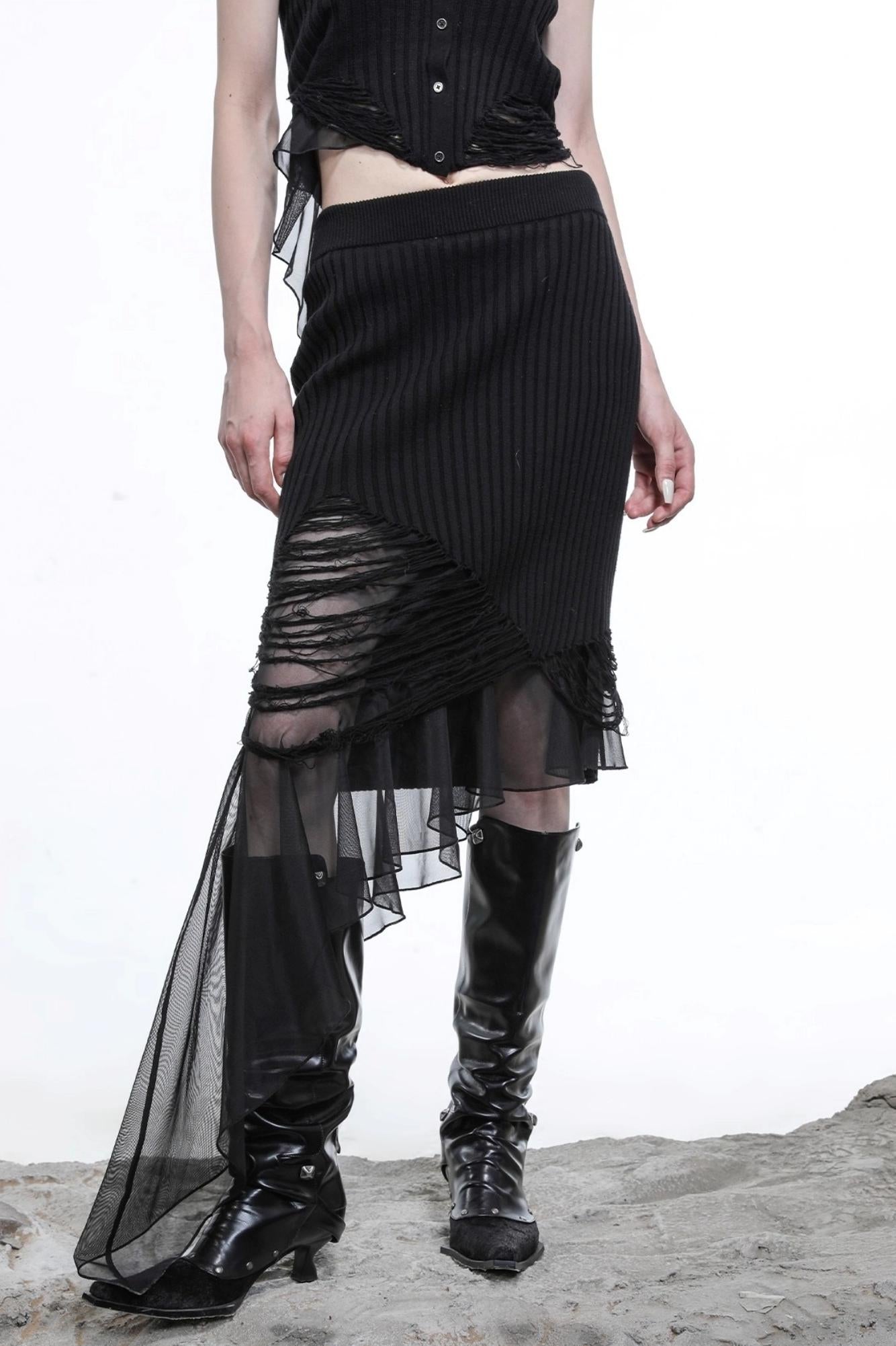 Wasteland Ruffled Patchwork Knit Skirt