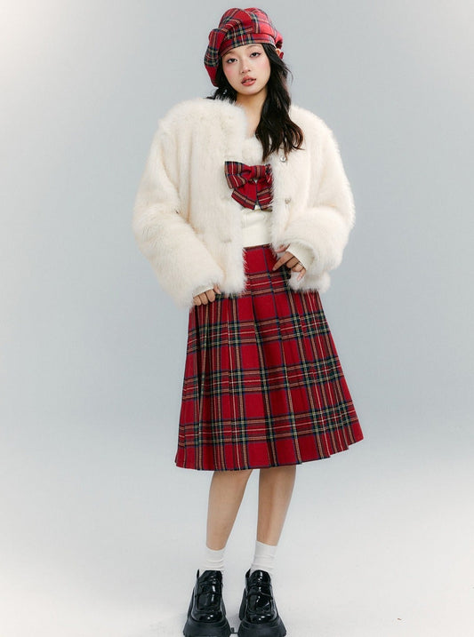 Fur Collar Tops Red Plaid Skirt 2-piece Set