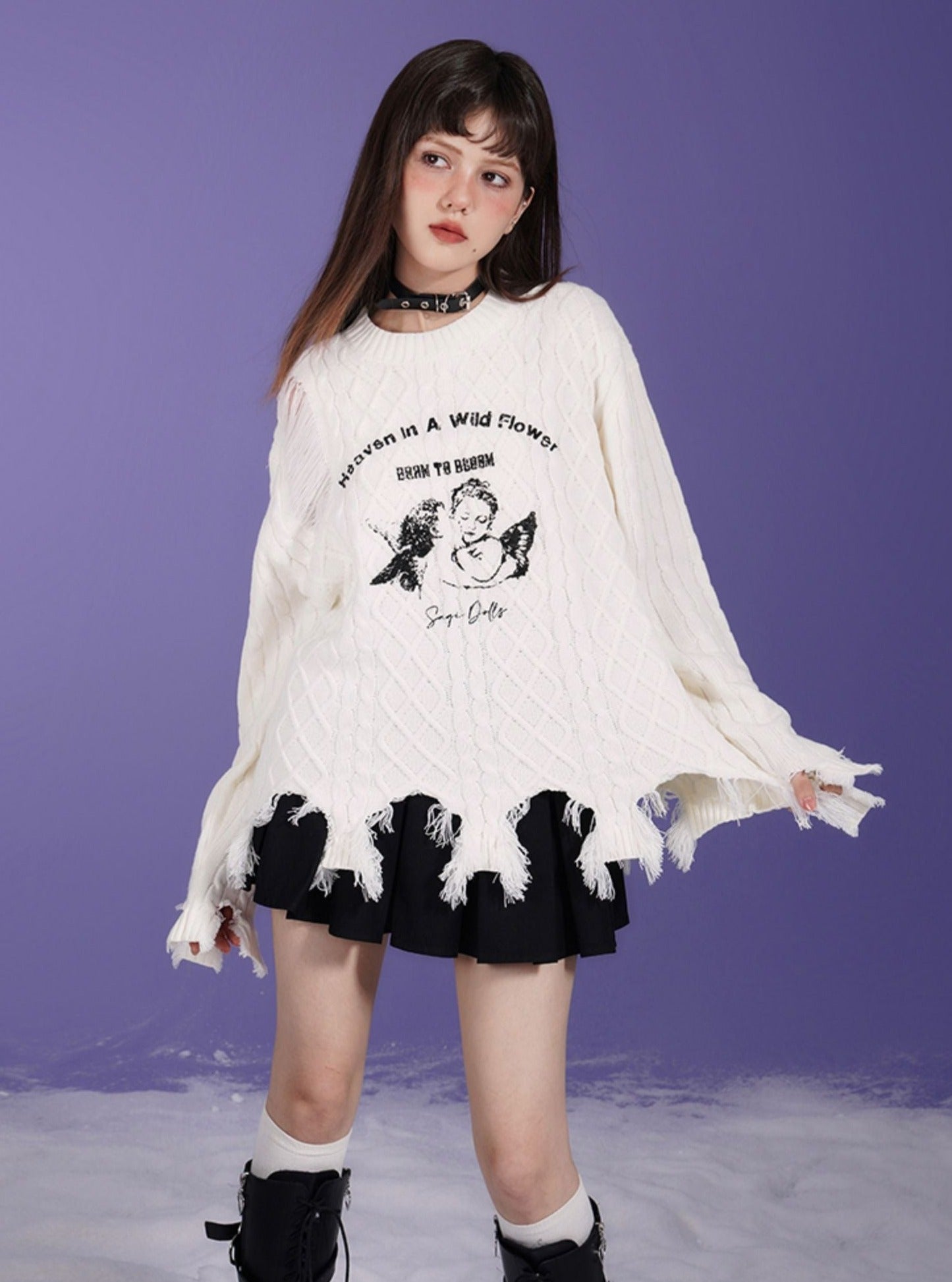 Angel Print Ripped Pullover Sweater