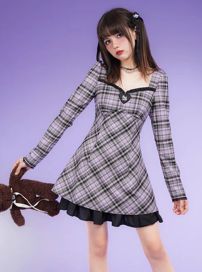 Plaid A-Line Bubble Long-sleeved Lace Dress