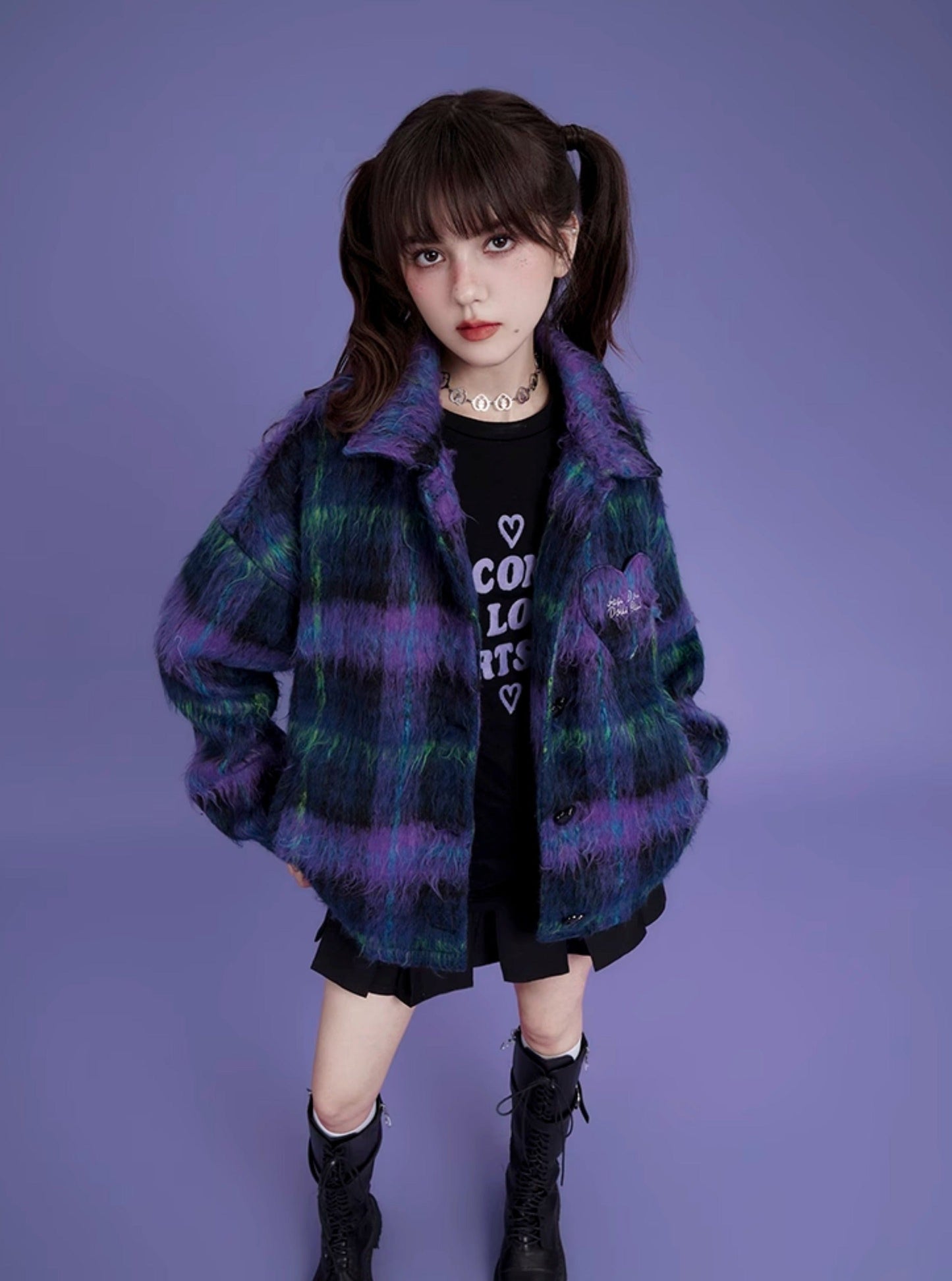 Loose checkered longhair casual jacket