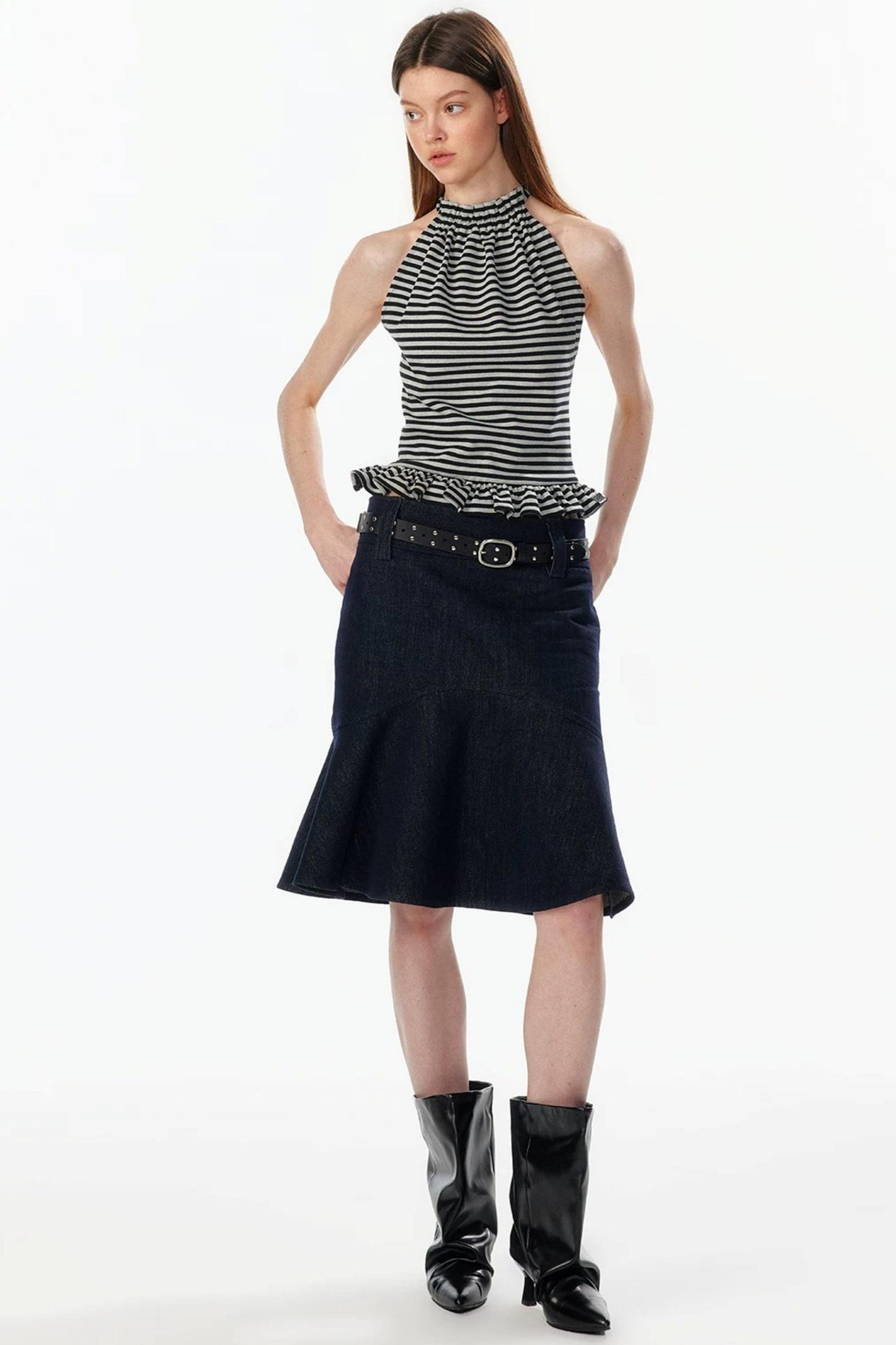 Ruffle Hem Halter Backless Top