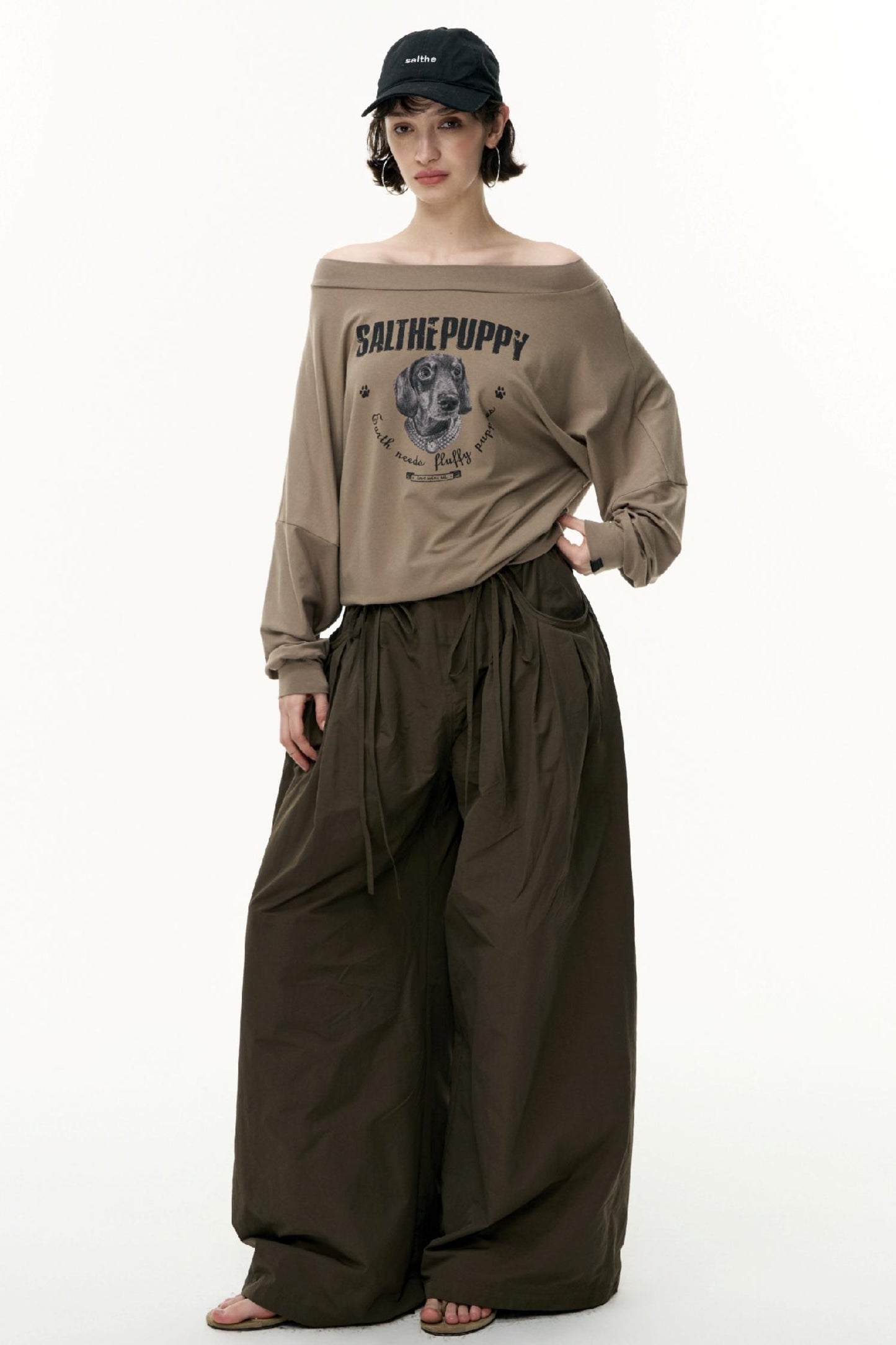 Puppy Print Slanted Shoulder T-Shirt