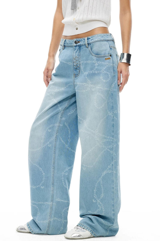 Washed Laser Print Denim Pants