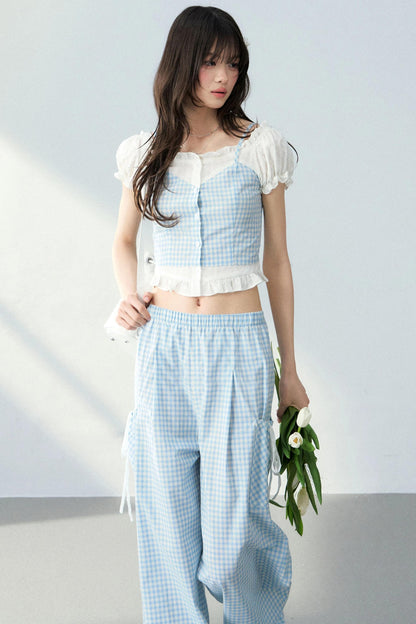 Blue Plaid Off-Shoulder Top Set-Up