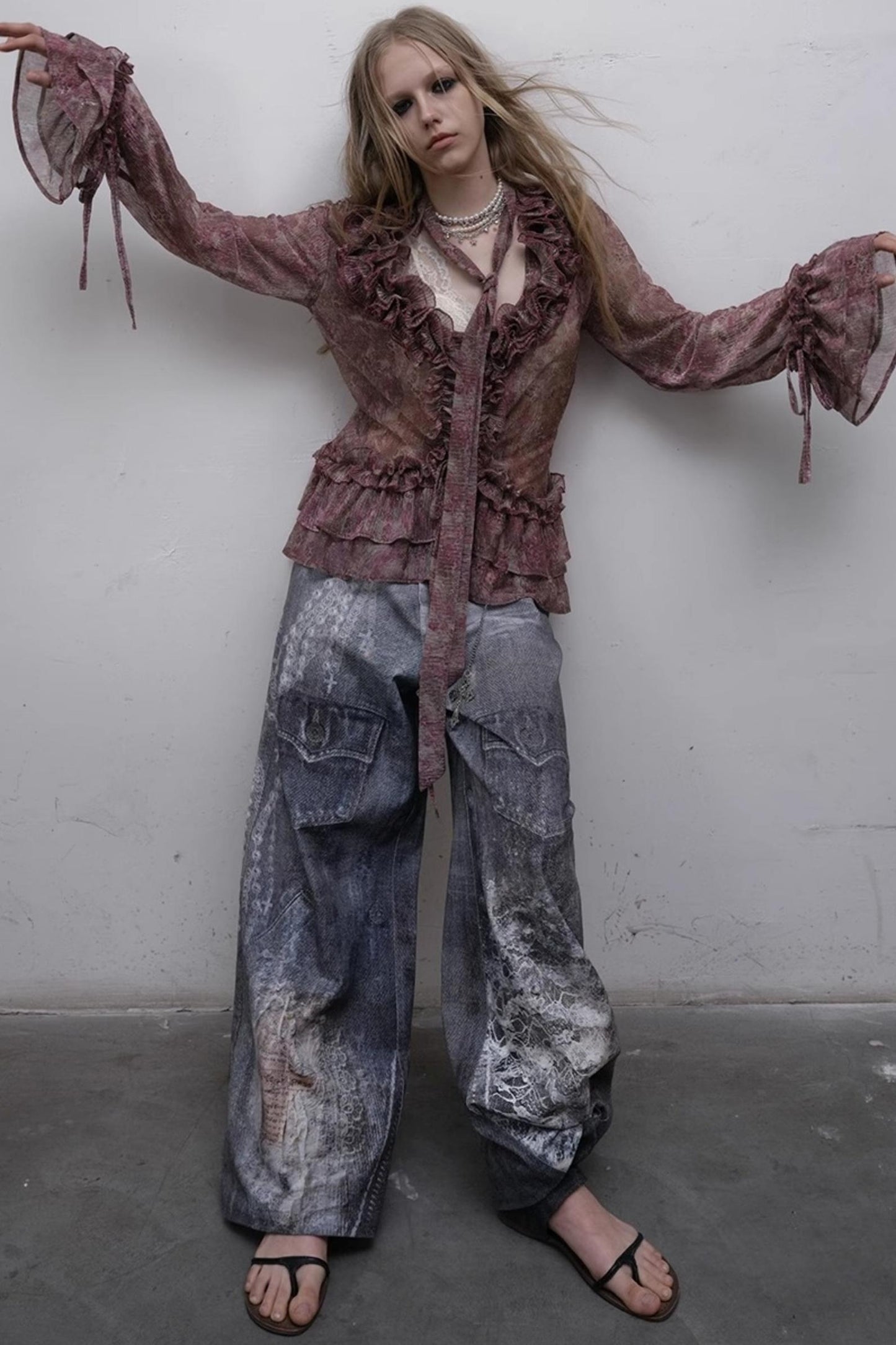 Printed Blue Wide-Leg Denim Pants