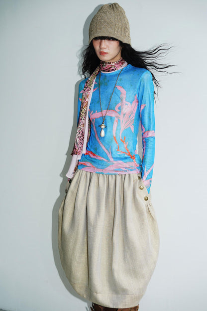 Chinese Mesh Cutout Long-Sleeved Top