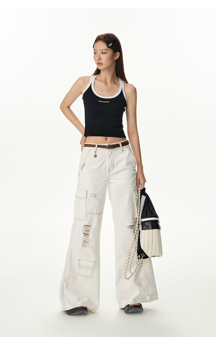 White Work Design Wide Denim Pants