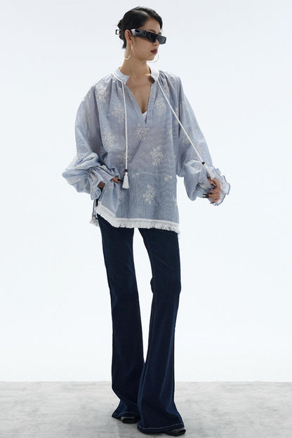 Tassel Stripe Embroidery Top