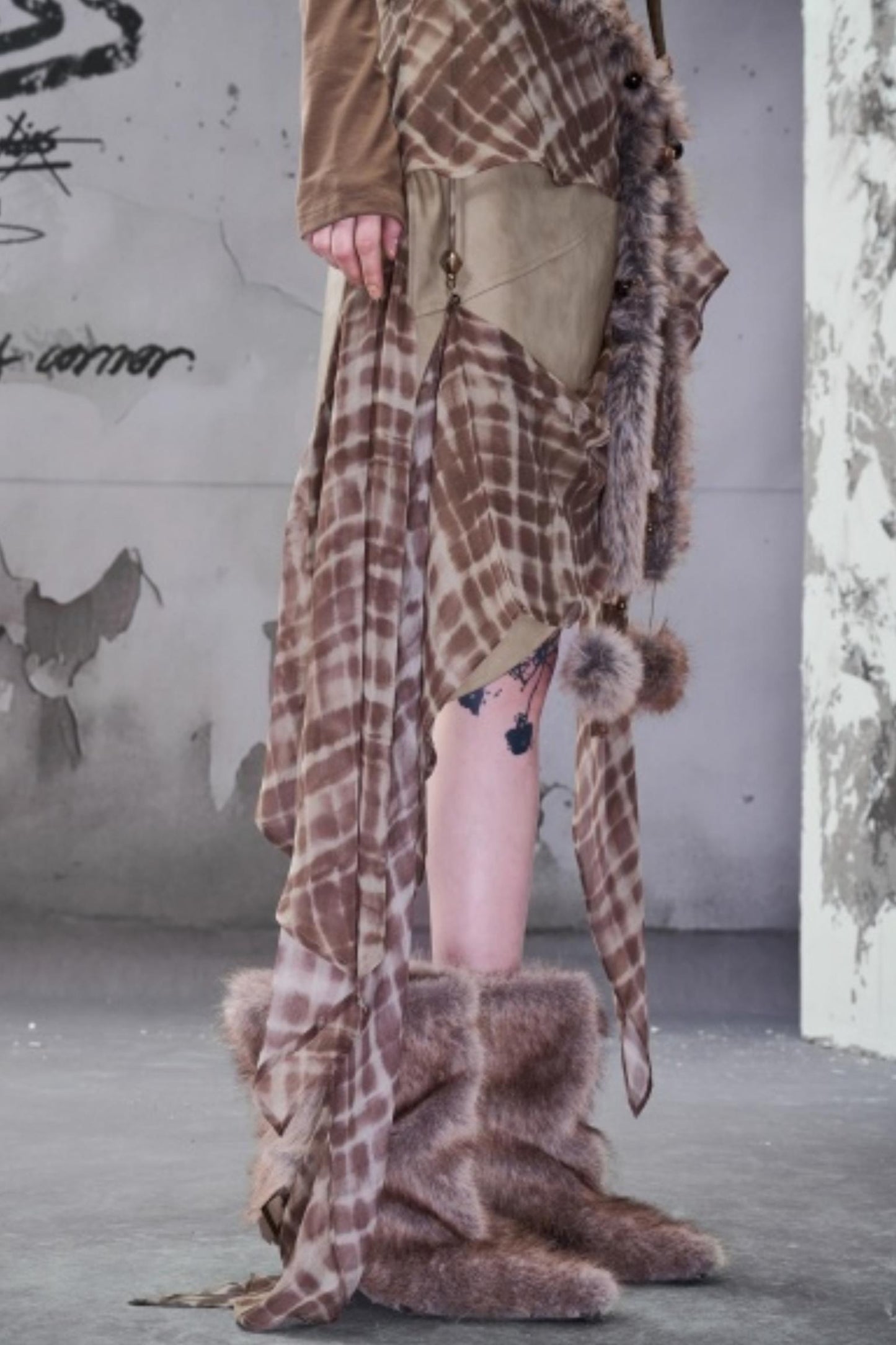 Chiffon Panel Ruffled Irregular Leather Skirt