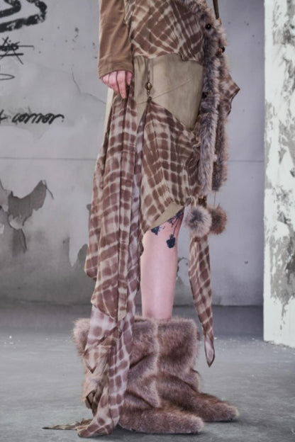 Chiffon Panel Ruffled Irregular Leather Skirt