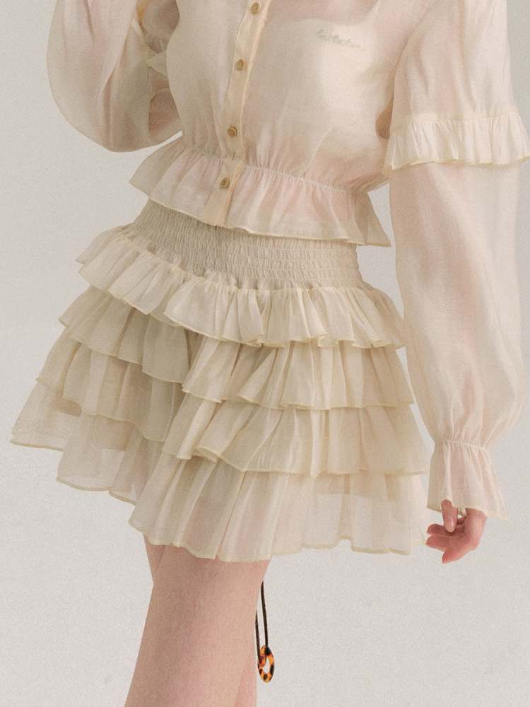 Ruffle Collar Shirt & Cake Mini Skirt