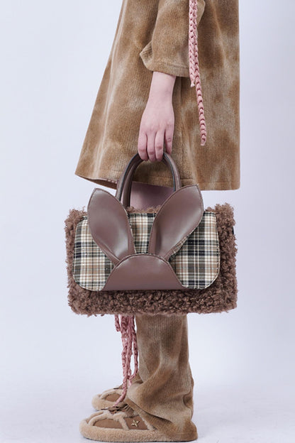 Plaid Rabbit Fur Tote Bag