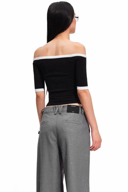 Off-Shoulder Contrast Knit Top