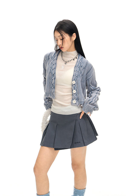 Damaged design washed collar short cardigan