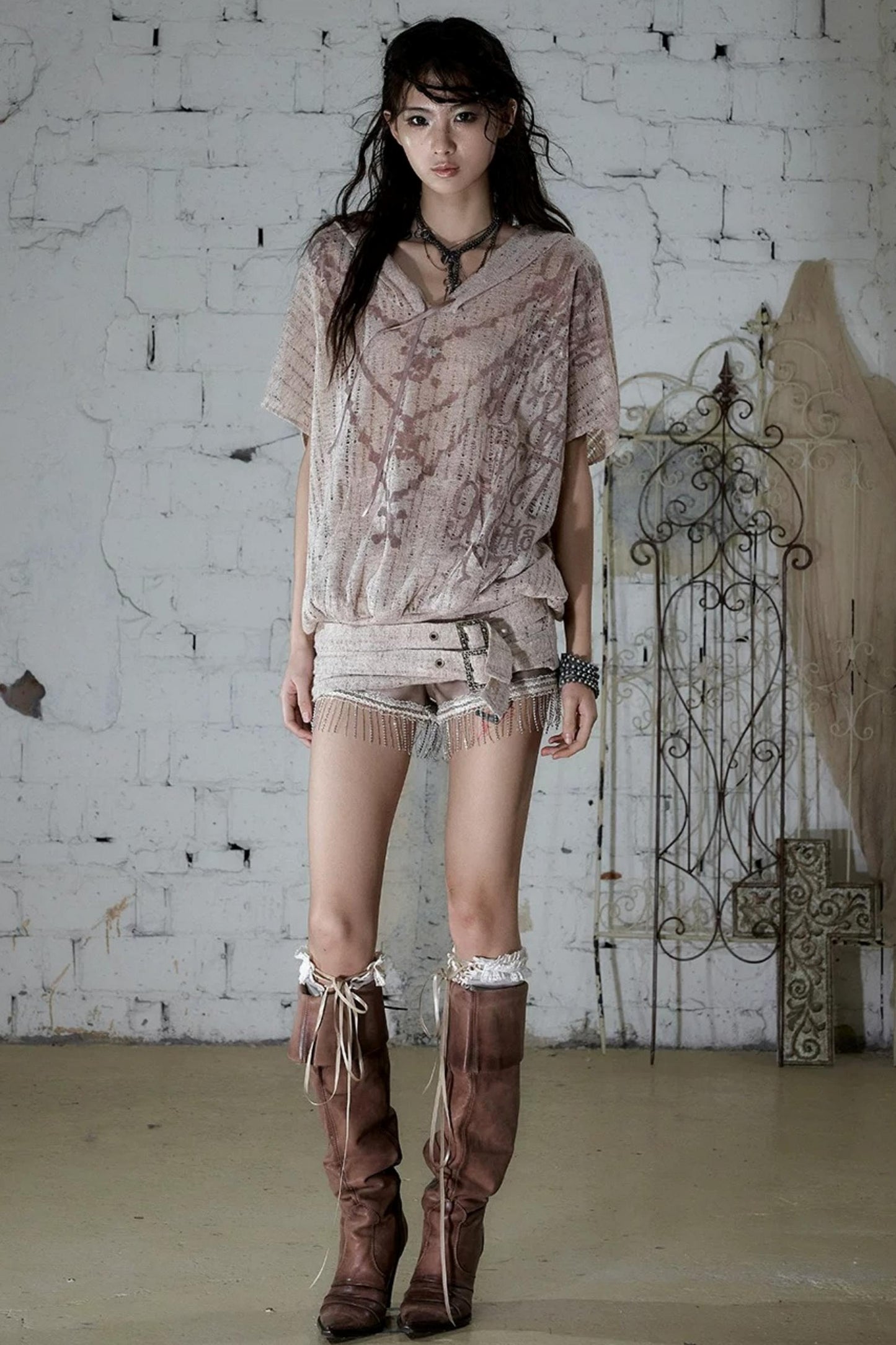 Punk Ripped Knit Hooded Blouse
