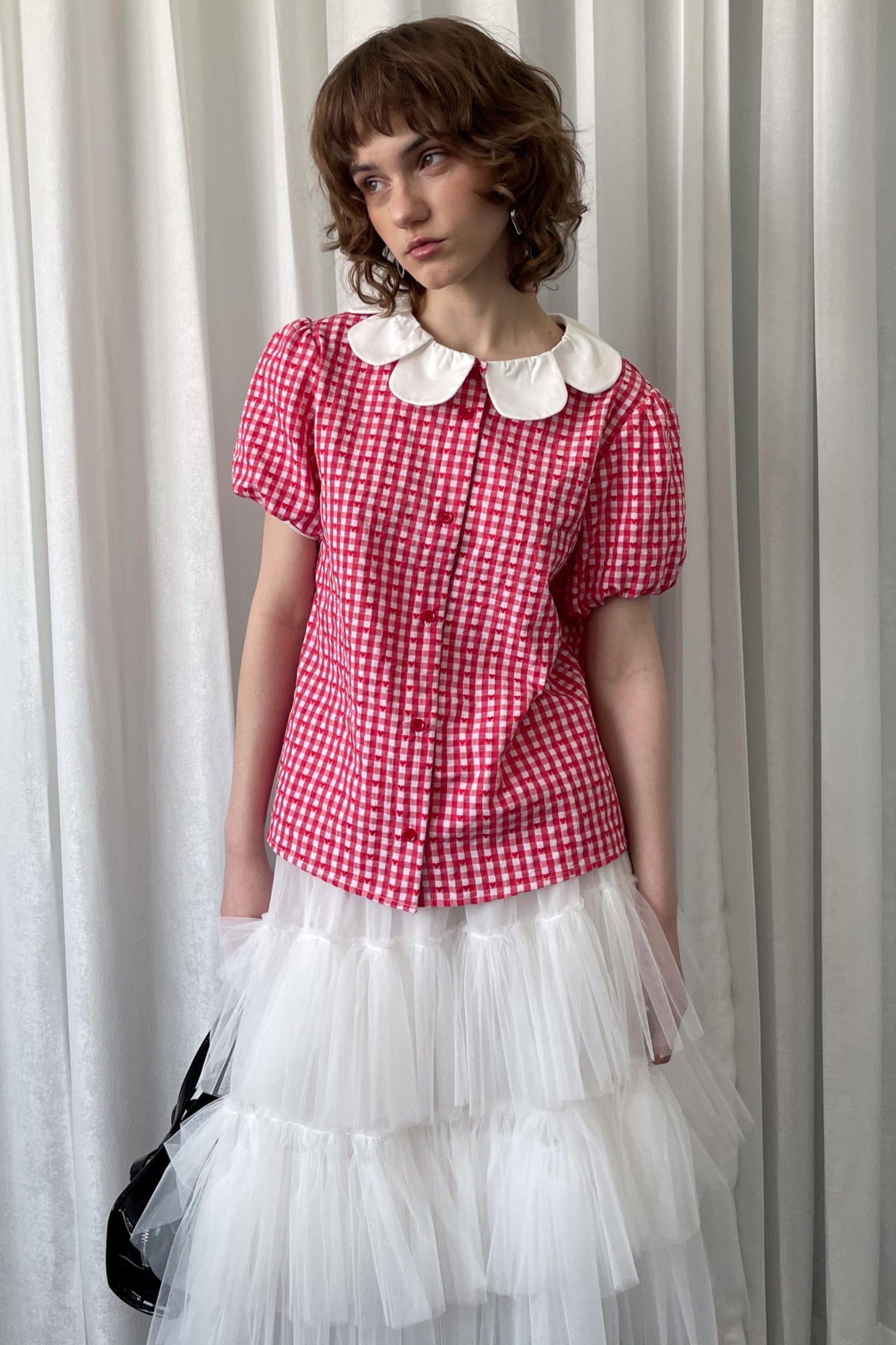 Red Plaid Lantern Sleeve Shirt