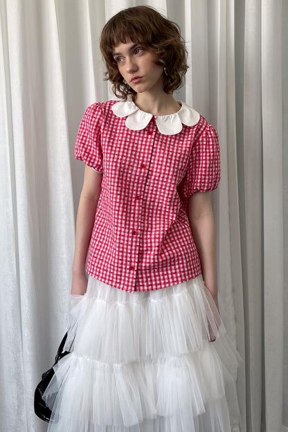 Red Plaid Lantern Sleeve Shirt