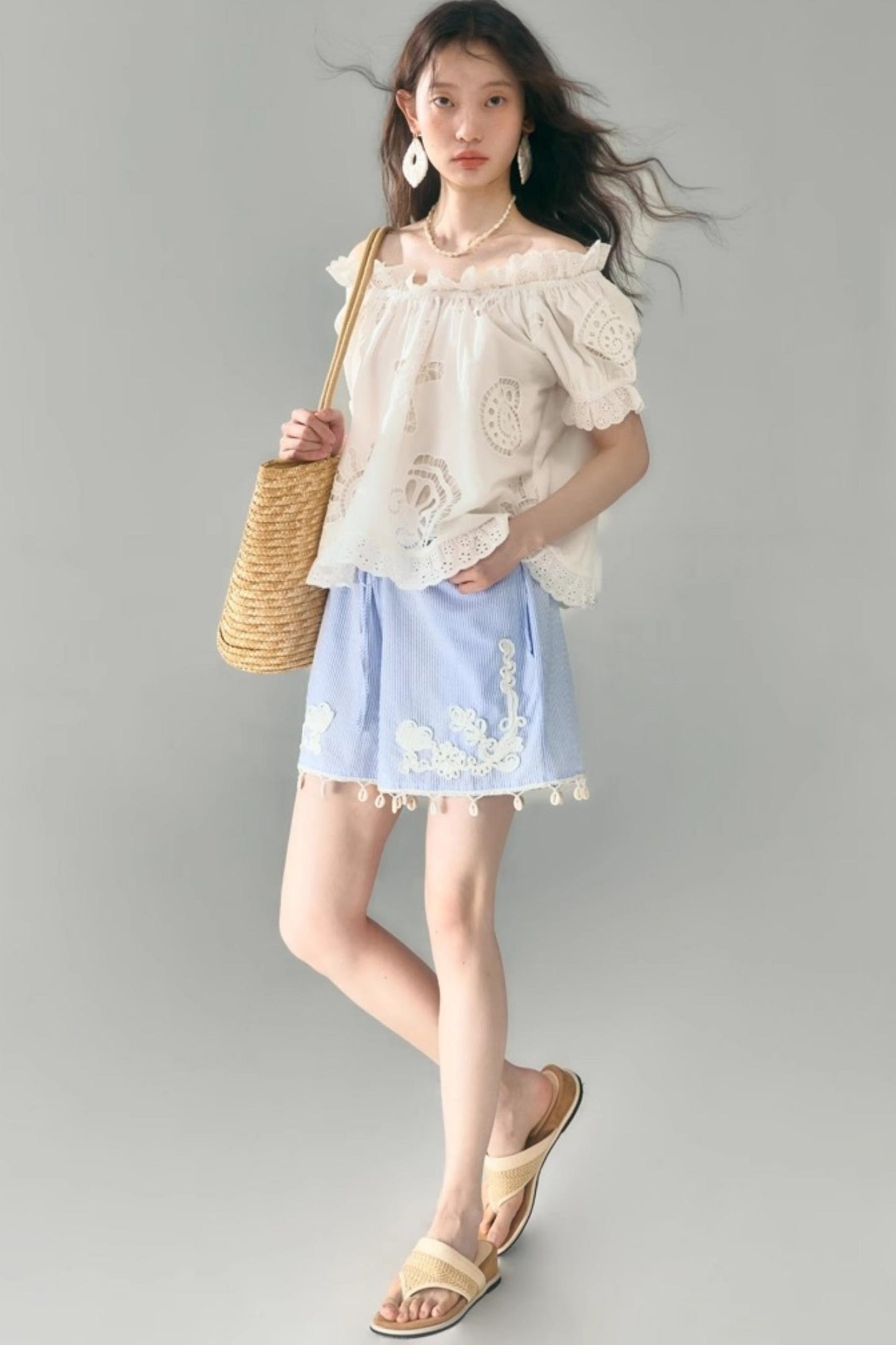 Island Flower Vine Striped Short Sleeve Top Shorts Set-Up